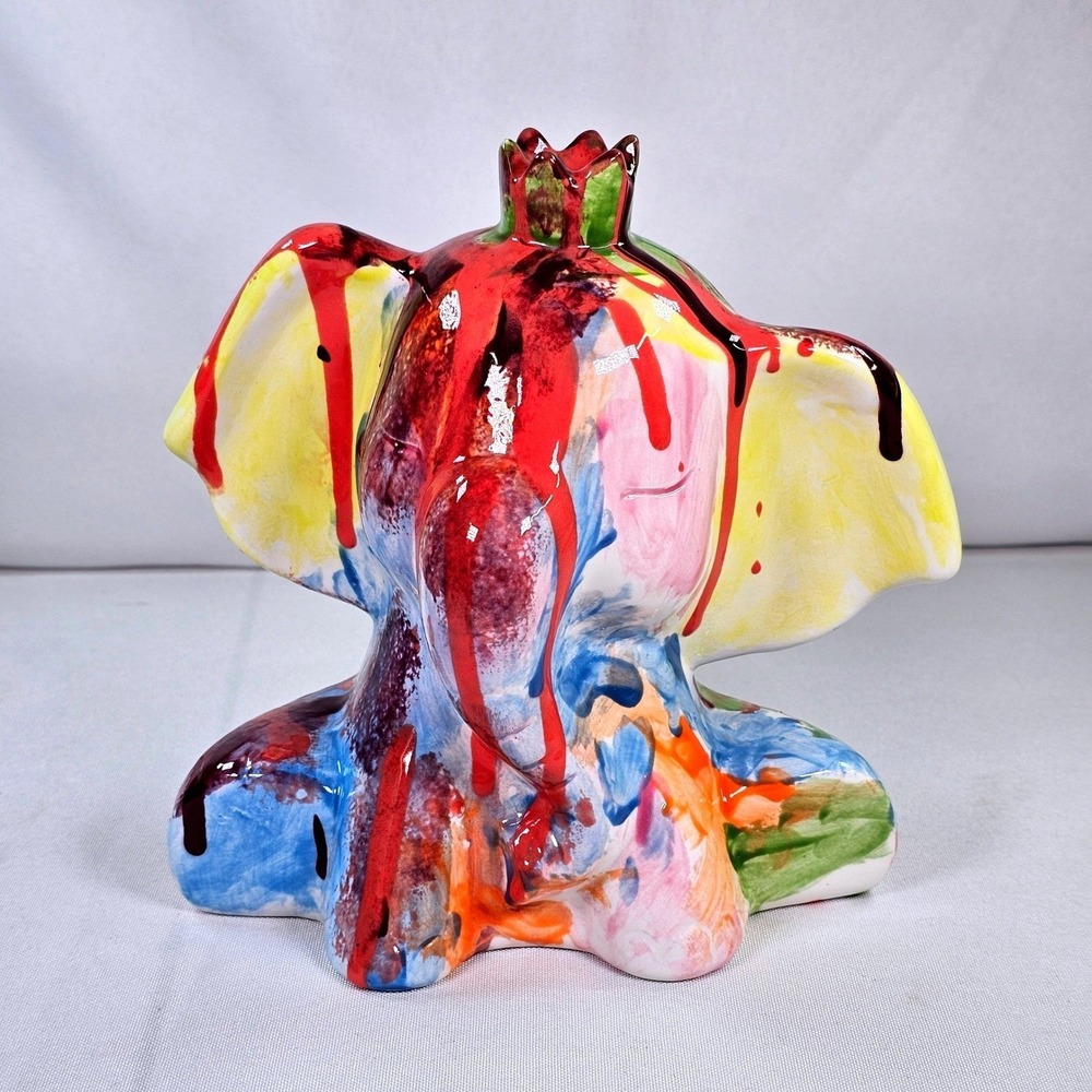 Abstract Drip Paint Ceramic Elephant Figurine Crown Multi-Color Glossy Art Decor